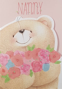Nanny Mothers Day Card - Teddy Bear with Arms Ful of Pink Flowers