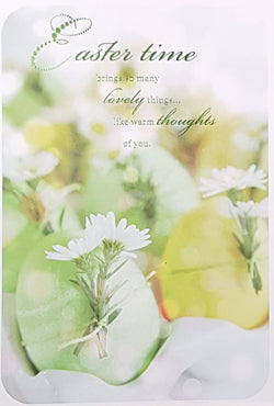 Easter Card - Daisies Tied To Green & Yellow Eggs