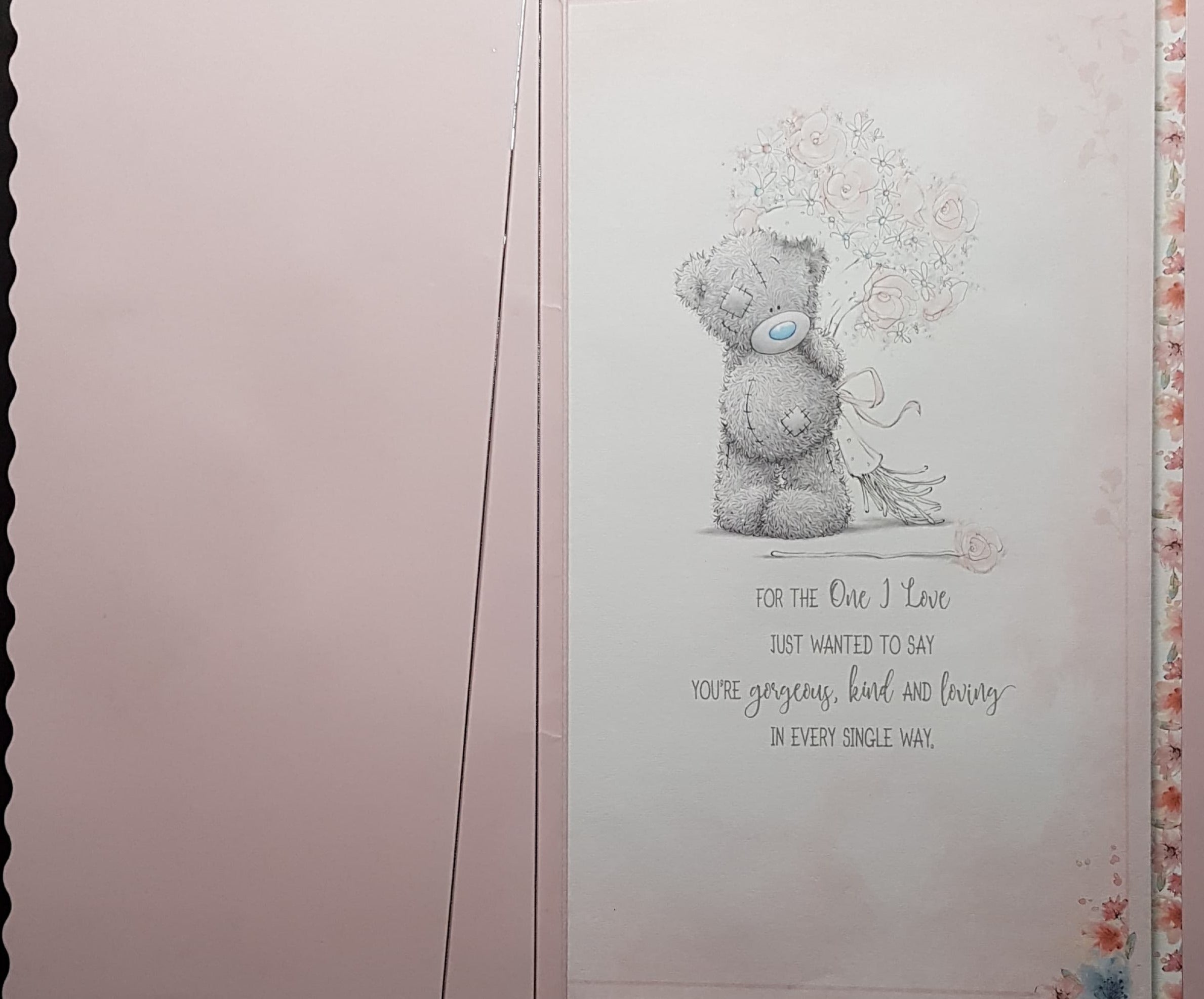 Birthday Card - One I Love / Teddy Holding A Large Pink Sparkly Bouquet & A Pink Sparkly Background