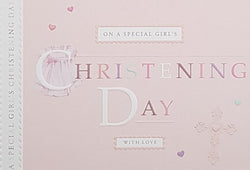 Christening Card -Special Girl / A Pink Dress Behind A Colourful Font