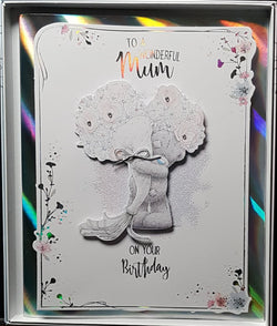 Birthday Card - Mum / A White Flowers With Silver Diamonds ( A Card In A Box)