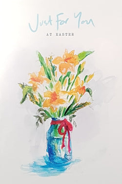 Easter Card - Just For You / Daffodils In A Blue Vase With A Red Bow
