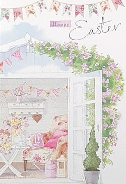 Easter Card - Flowers on Garden Table & Pink Floral Pattern Armchair