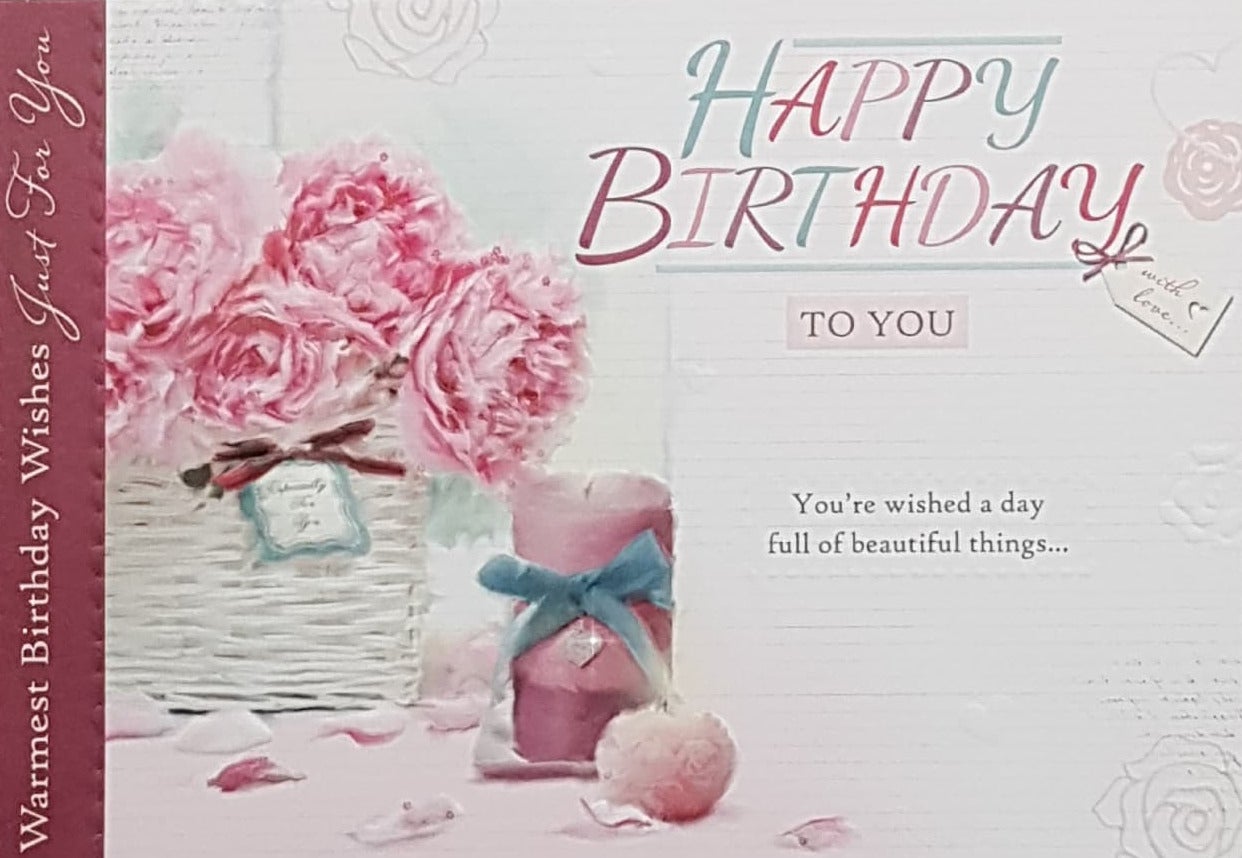 Birthday Card - A Basket Of Pink Roses & A Candle With A Blue Bow