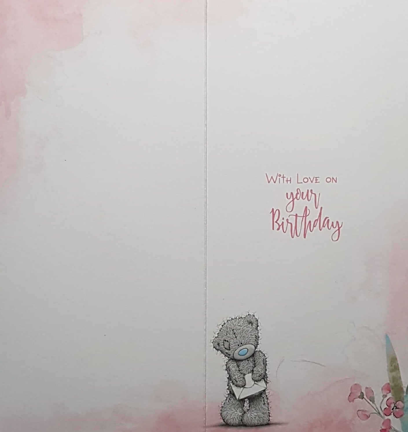 Birthday Card - Granny / Cute Teddy Opening A Pink Box Beside Flowers