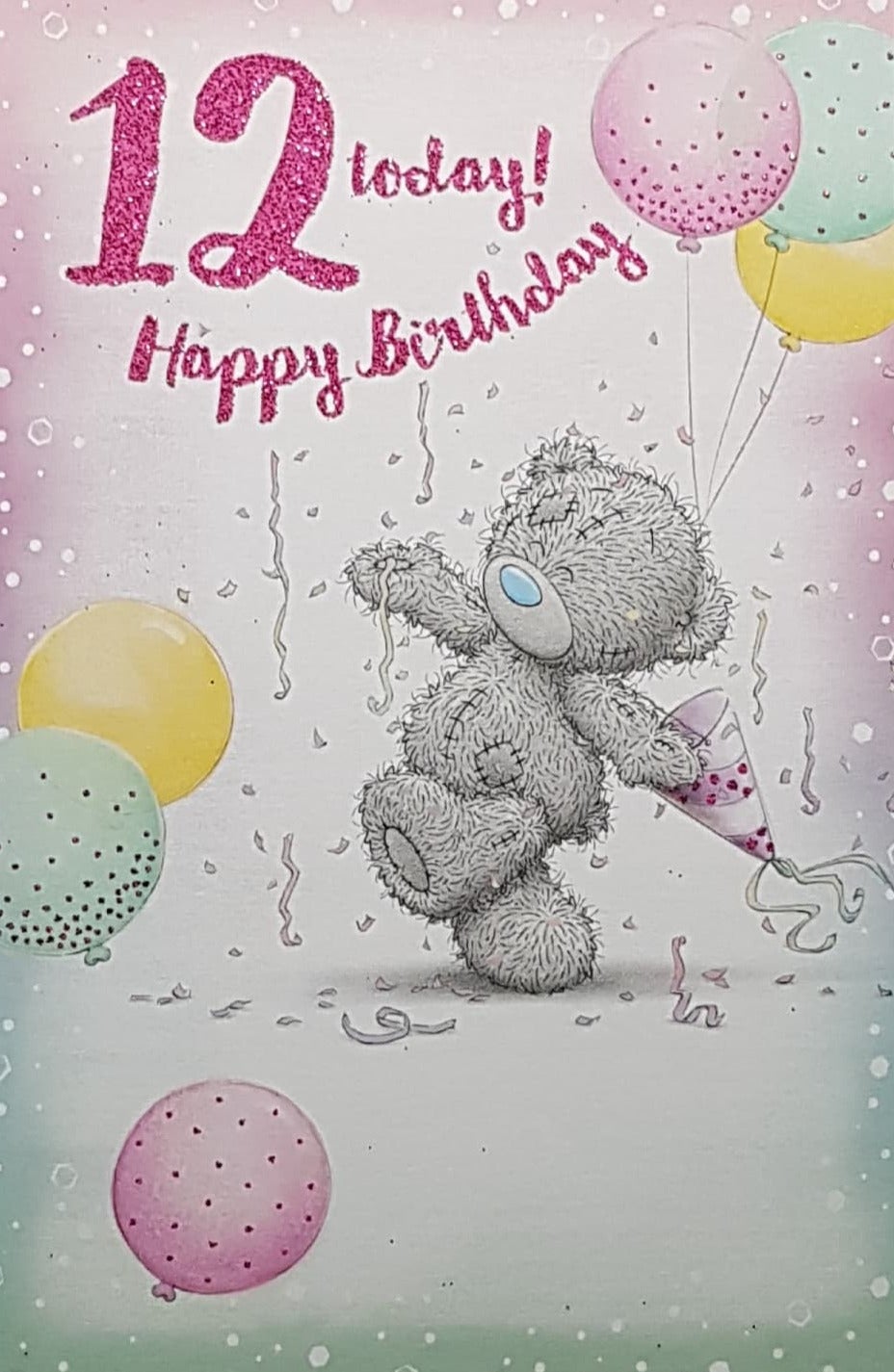Age 12 Birthday Card - Teddy Holding A Pink Party Hat Strolling With Balloons