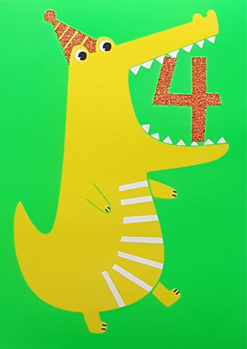 Age 4 Birthday Card - Yellow Dinosaur Eating Number 4