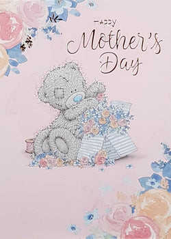 General Mothers Day Card - A Teddy & A Blue Box Of Pretty Flowers