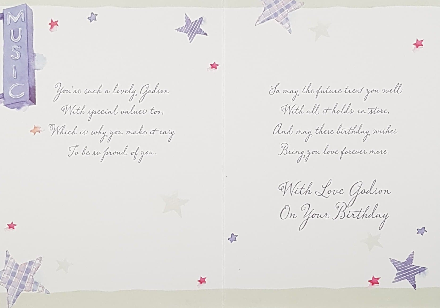 Birthday Card - Godson / A Blue 'Music' Sign & Stars