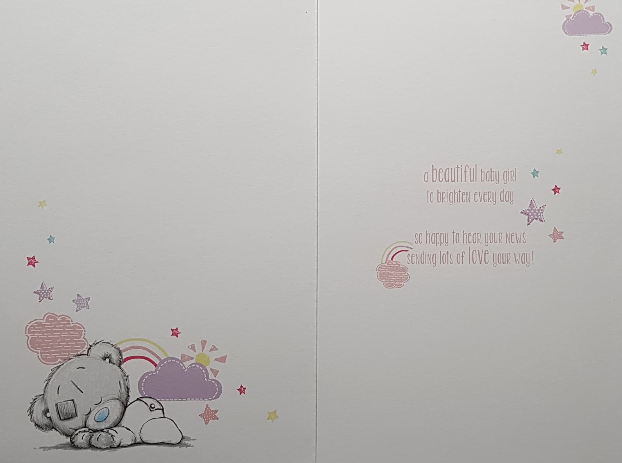 New Baby Card - Baby Girl / Little Teddy Sleeping Under Stars & A Rainbow