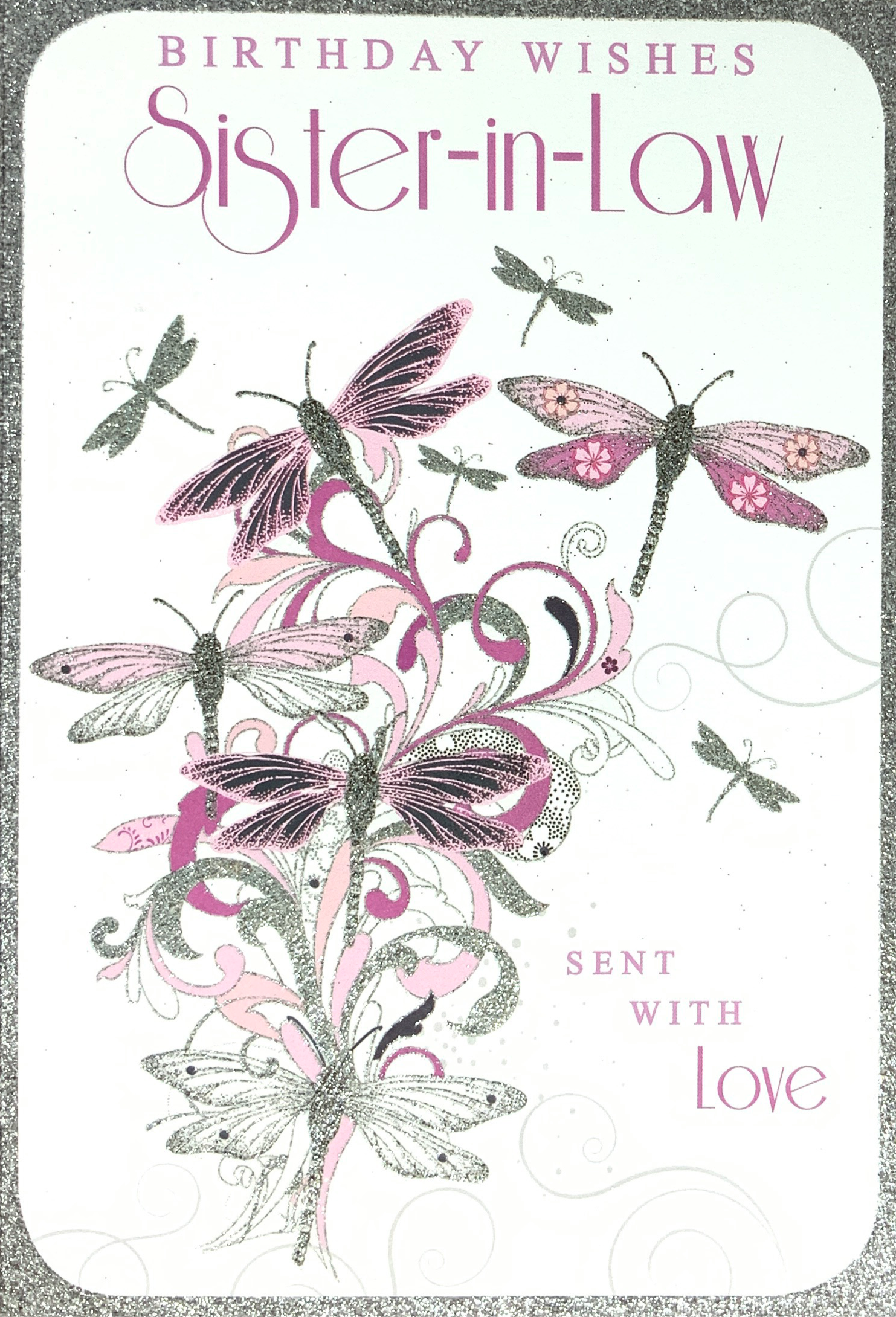 Birthday Card - Sister-in-Law / Dragonfly Swirls With Glitter