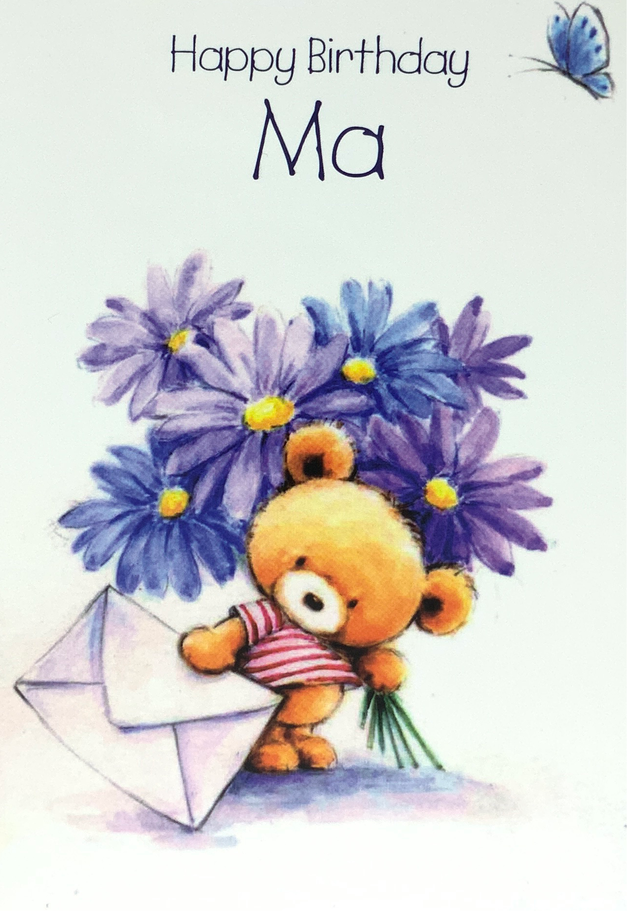 Birthday Card - Ma / A Cute Teddy & Big Purple Flowers