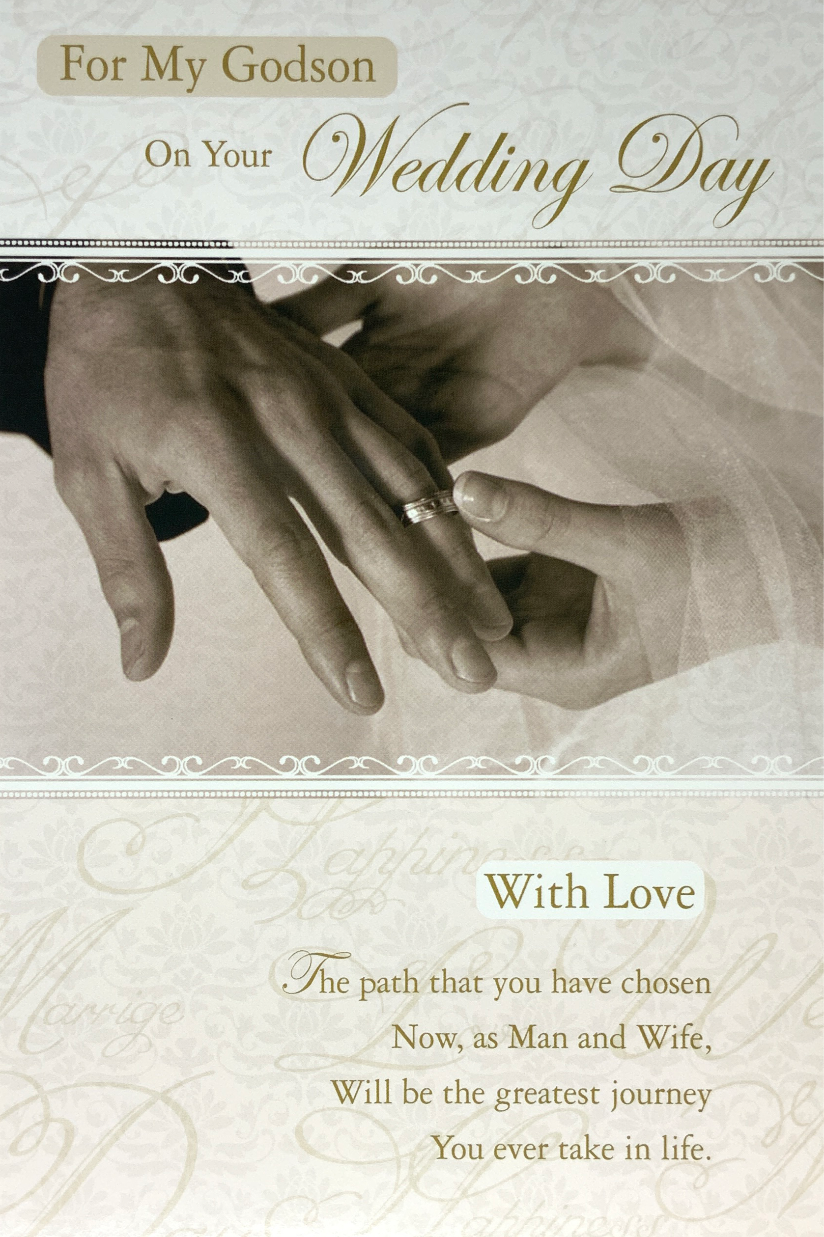 Wedding Card - Godson / Wife's And Husband's Hands & A Wedding Ring