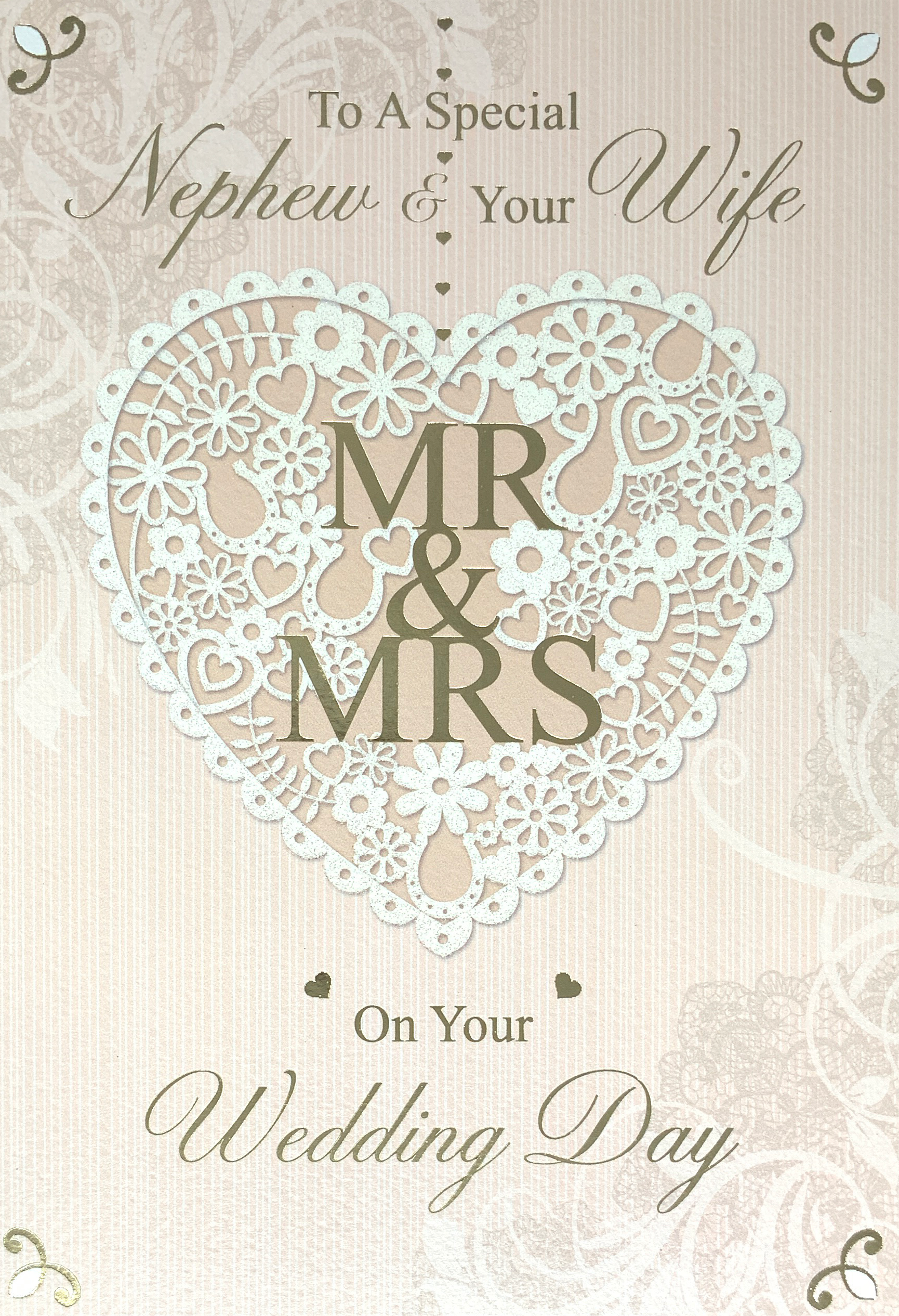 Wedding Card - Nephew & Your Wife / A White Floral Heart On A Pink Front