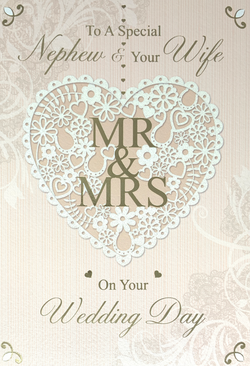 Wedding Card - Nephew & Your Wife / A White Floral Heart On A Pink Front