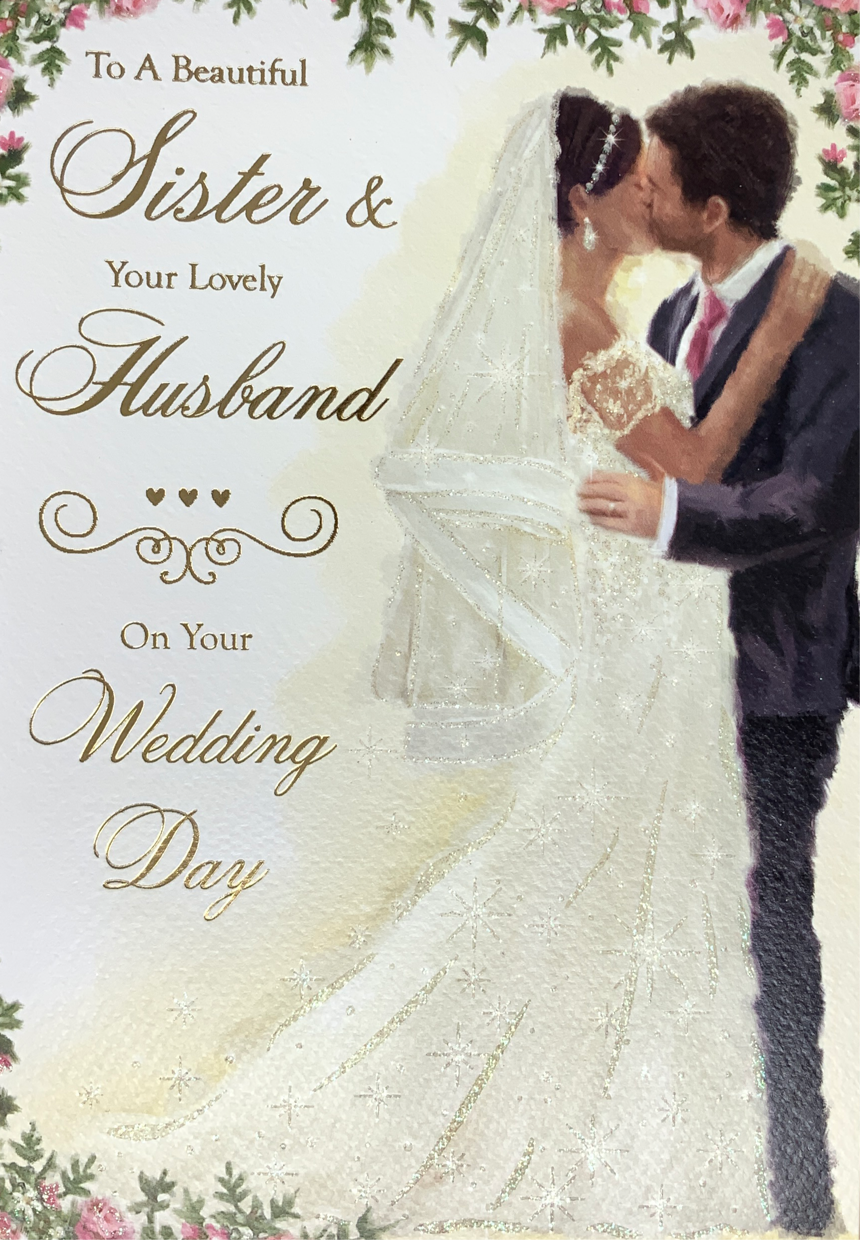 Wedding Card - Sister & Your Husband / A Lovely Couple Having A Wedding Kiss