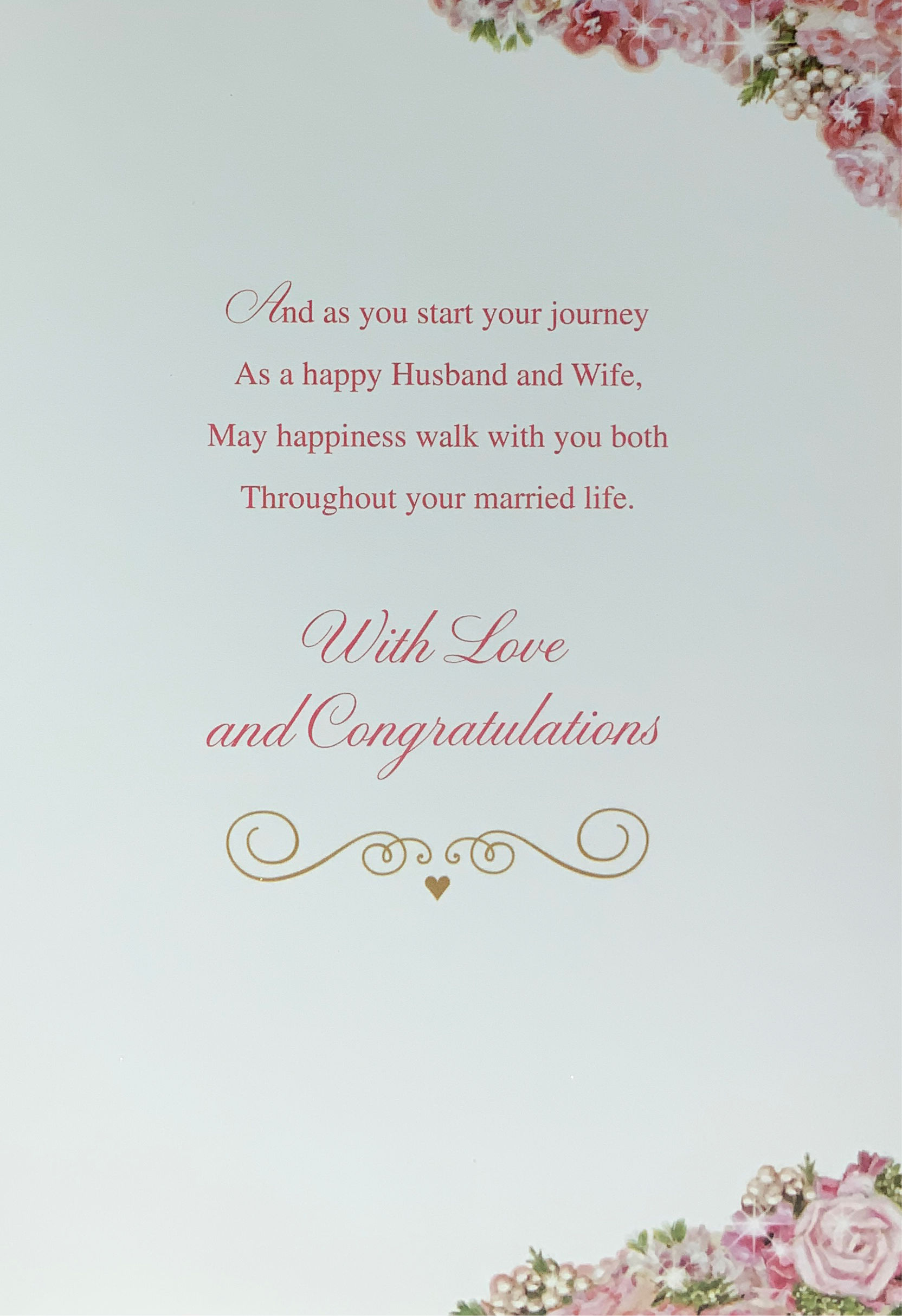 Wedding Card - Granddaughter & Your Husband / A White Cake With Pink Flowers & Gold Hearts
