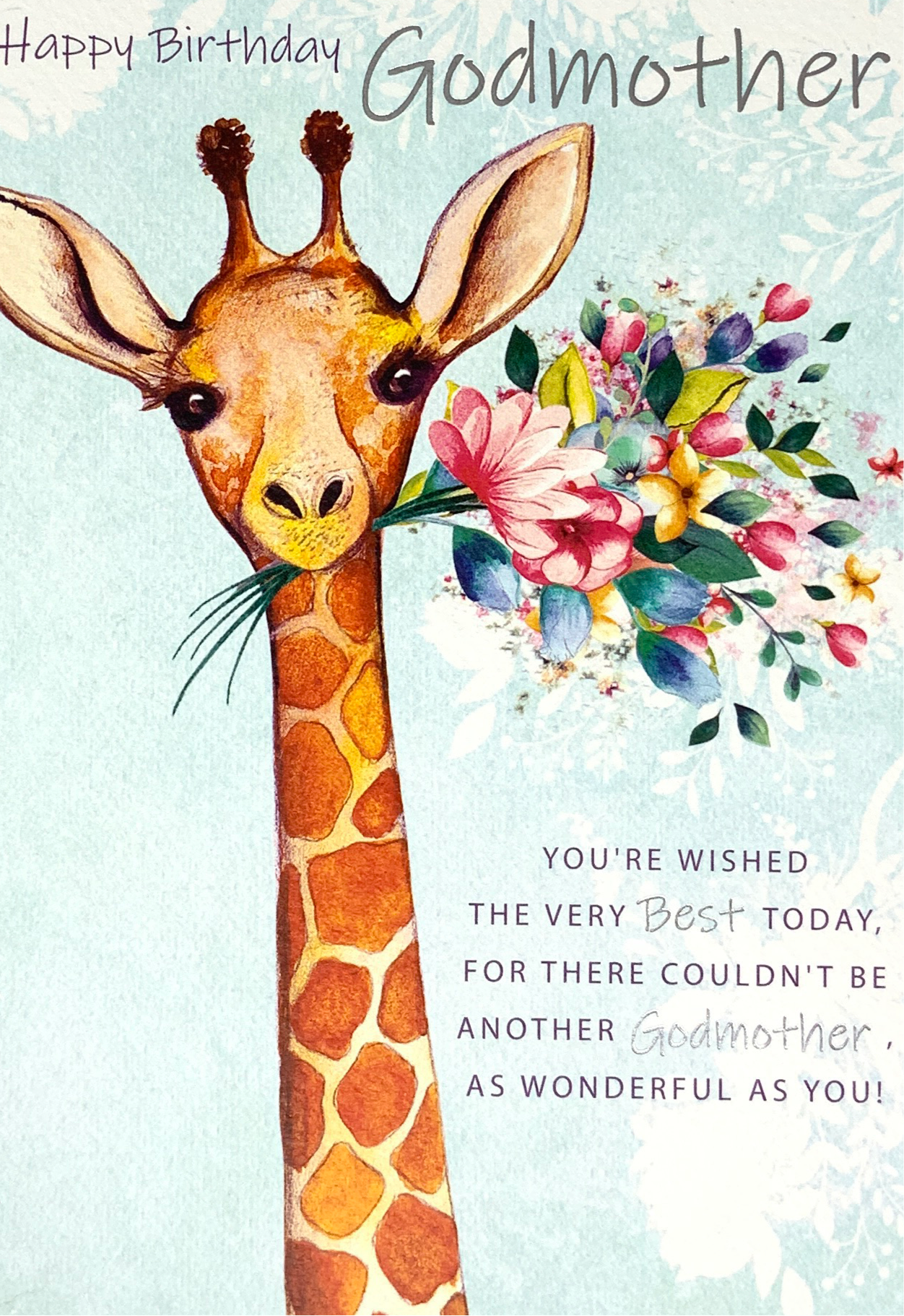Birthday Card - Godmother / A Giraffe & A Bunch Of Flowers