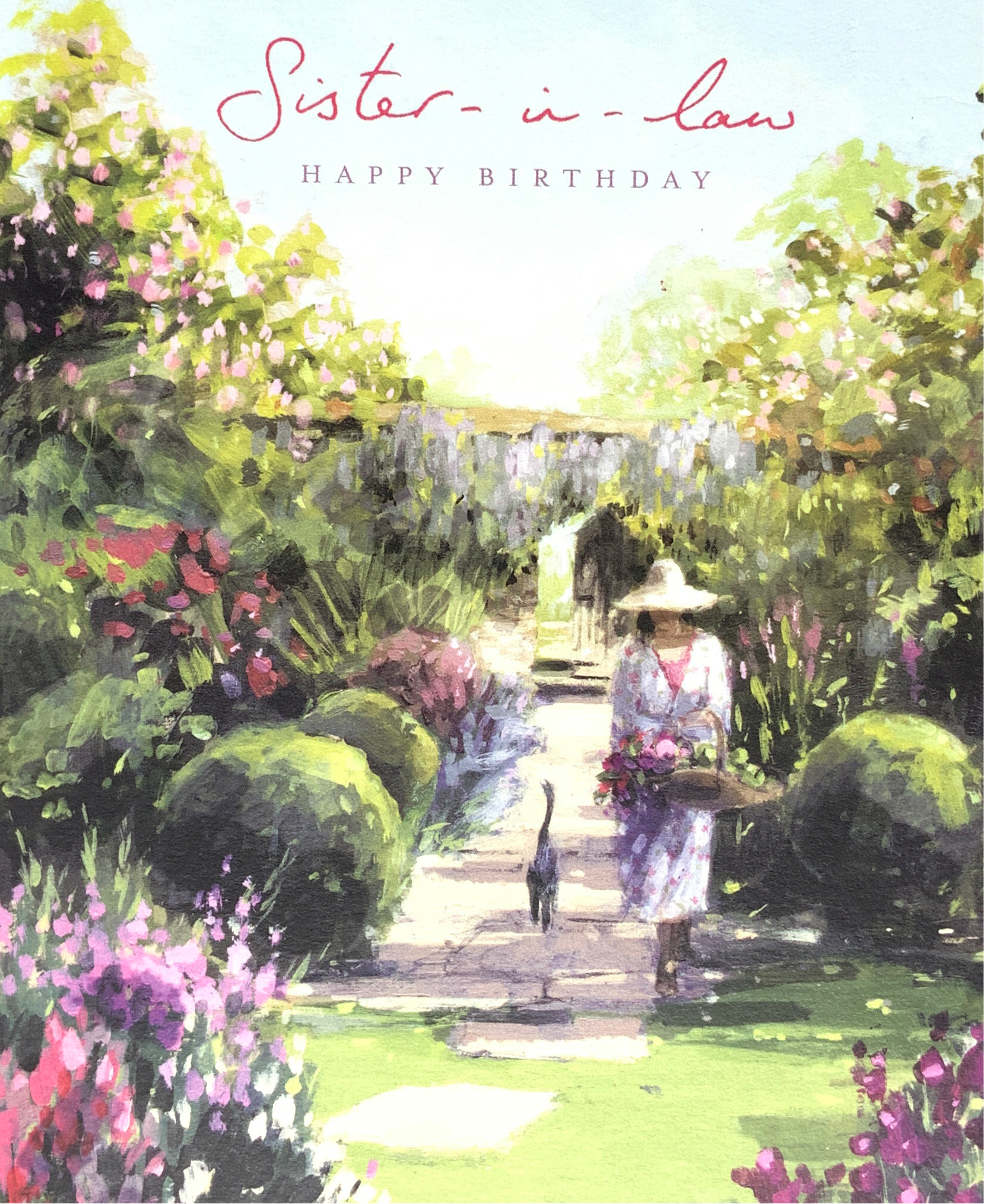 Birthday Card - Sister-in-Law / A Lady Picking The Flowers & A Cat