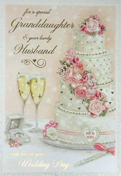 Wedding Card - Granddaughter & Your Husband / A White Cake With Pink Flowers & Gold Hearts