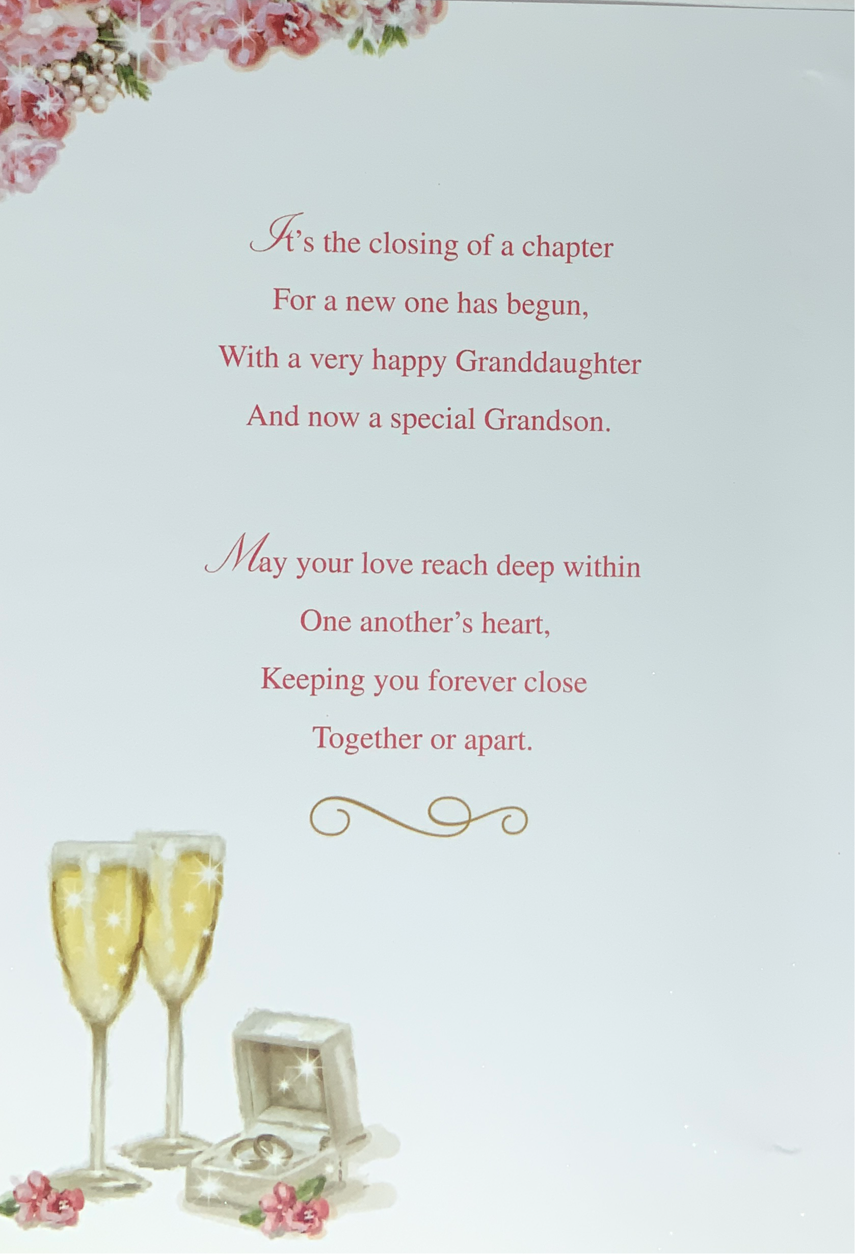 Wedding Card - Granddaughter & Your Husband / A White Cake With Pink Flowers & Gold Hearts