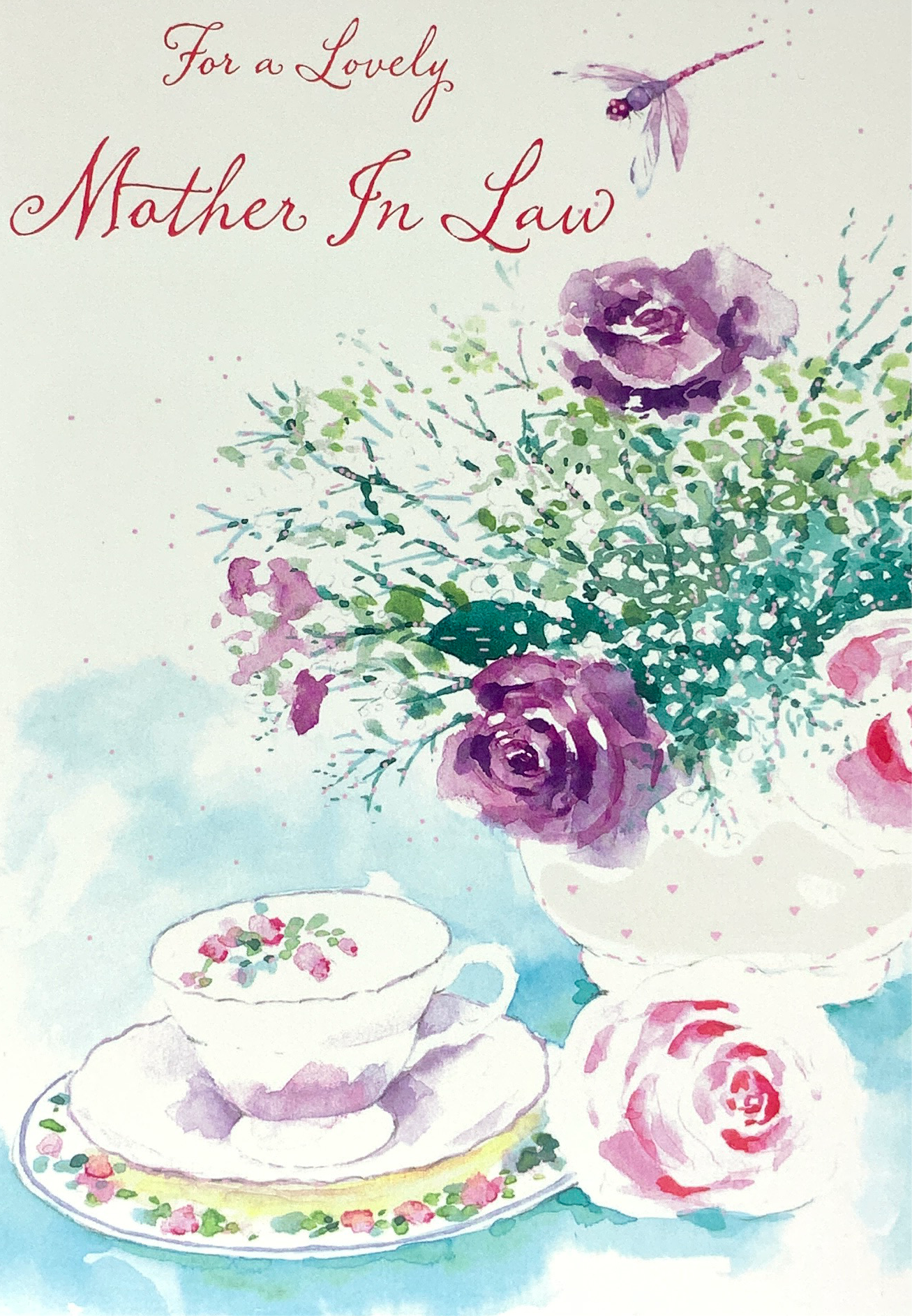 Mother-in-Law Birthday Card - Purple Flowers & A Tea Cup