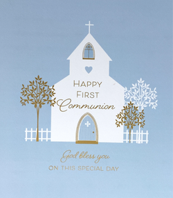 Communion Card - White Church & Gold Trees (Boy)