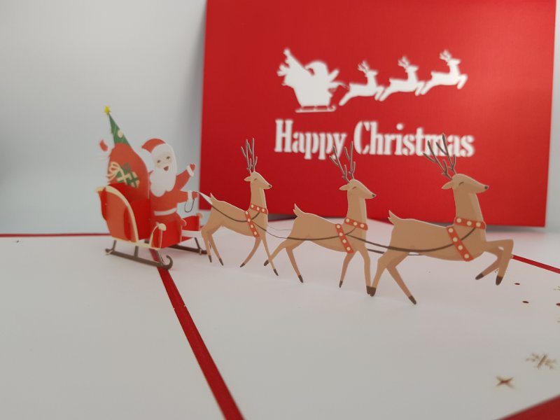 Christmas Pop Up Card - Happy Christmas / Reindeer Pulling Santa Sleigh