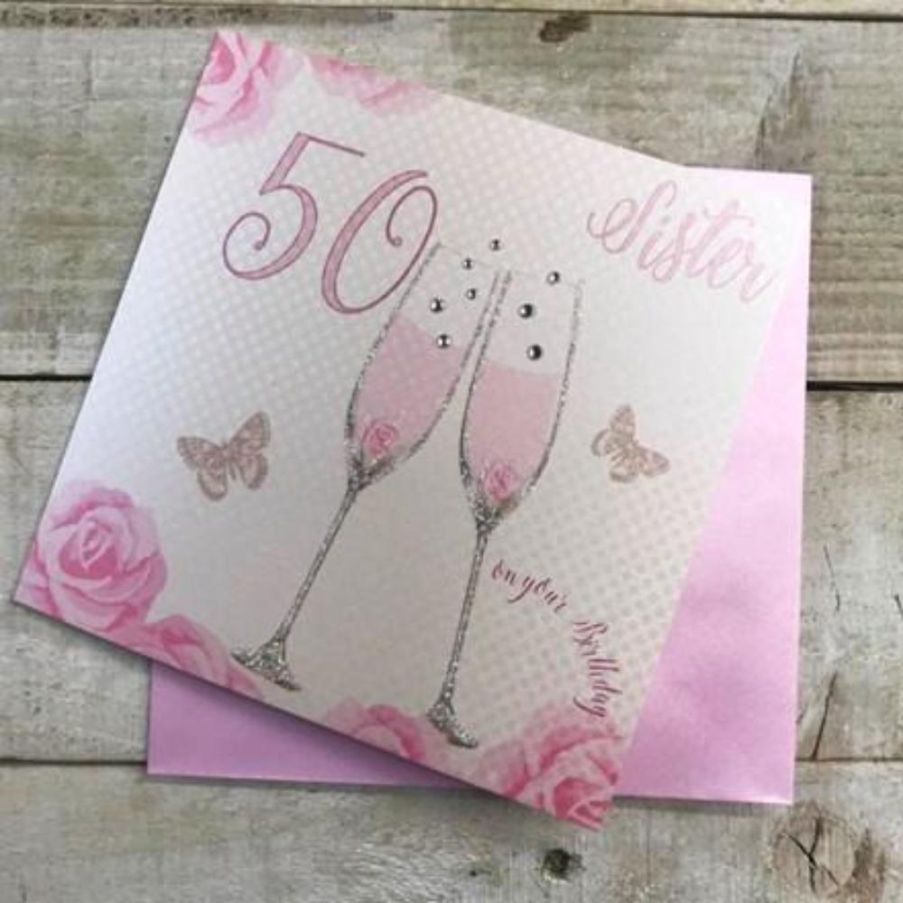 Age 50 Birthday Card - Sister / Pink Floral Corners & 50